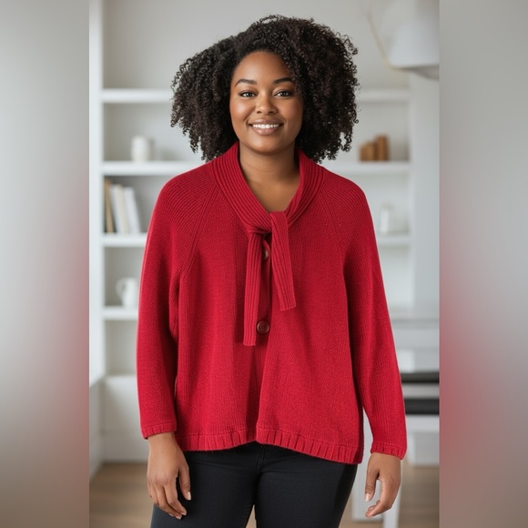 TALBOTS🎄 Cropped Red Sweater with mock turtleneck with tie collar MP - Picture 13 of 13